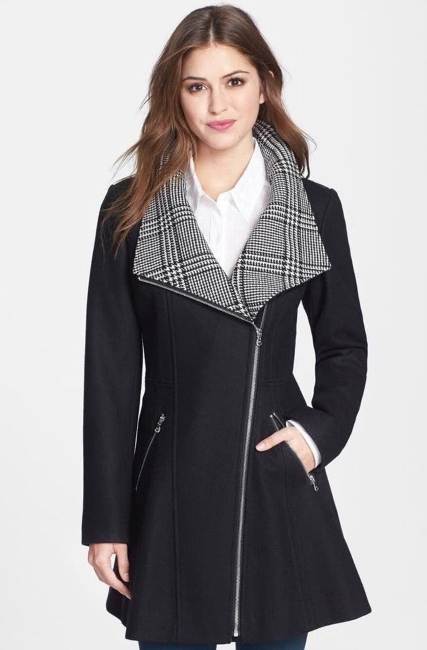 GUESS Black Wool Blend Fit And Flare Coat Size M Houndstooth Trim Classy